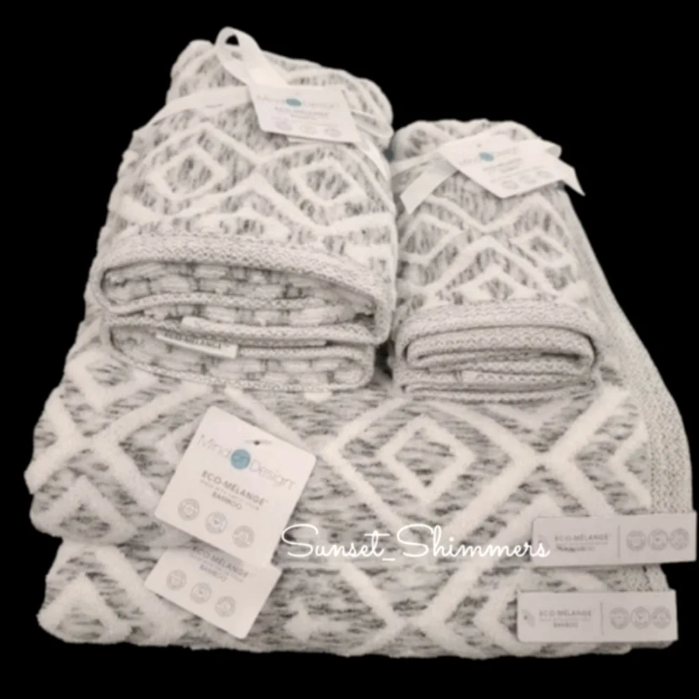 6pc Mind On Design Bath Hand Tip Towel Set Diamond Geo Gray & White Marble NEW